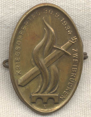 1934 Nazi Tinnie for War Veterans' Day (Kriegsorfertag) in Zweibrucken
