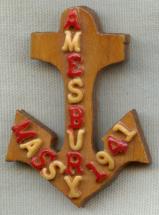 Cool Early WWII US Navy Patriotic Pin in Hand-Painted Wood from Amesbury, Massachusetts