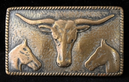 Vintage 1950's Western Buckle with Huge Steer Head and Two Horse Heads with Great Patinated Look!