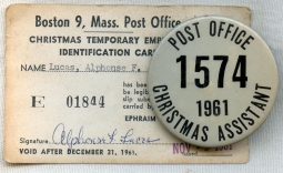 Scarce 1961 Boston, MA Post Office Christmas Asst. Badge with Matching Identification Card