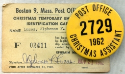 Scarce 1962 Boston, MA Post Office Christmas Asst. Badge with Matching Identification Card