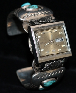 Beautiful, Heavy 1970's Navajo Turquoise & Silver with Period Seiko Watch