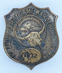 Rare 1932 New Mexico Deputy Game Warden Badge by Whitehead & Hoag