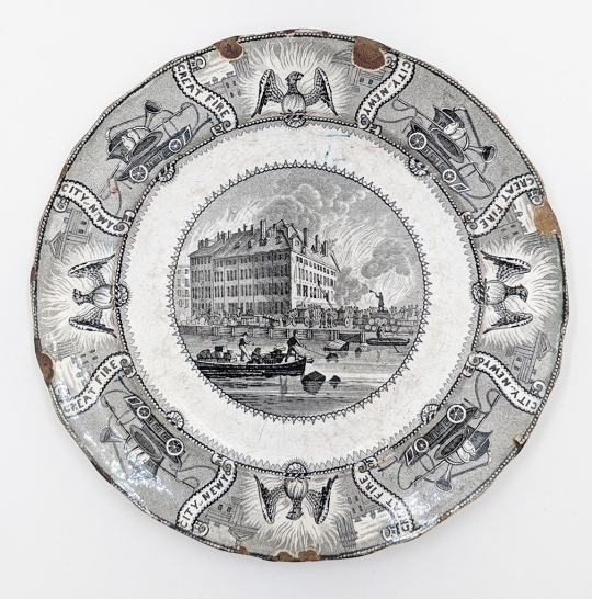 Wonderful Late 1830's Great Fire of New York City, 1835 Staffordshire Transporter wore Plate View fr