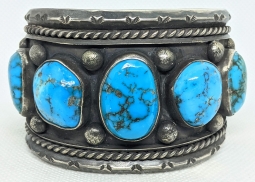 Wonderful Huge Heavy Vintage 1950s Navajo Silver Cuff w/7 Kingman Cabs by A.L.K
