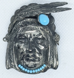 Wonderful 1930s Souvenir "American Indian" Brooch in Silver Plate w/Glass "Turquoise"