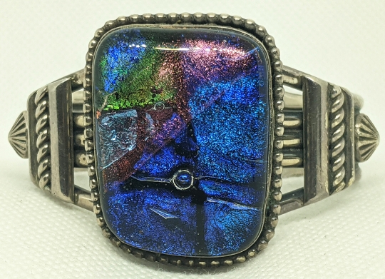 Lovely Vintage 1980s-90s JEANNETTE DALE Heavy Navajo Silver Cuff with Labradorite/Art glass Cabochon