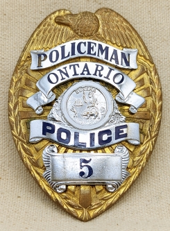 Beautiful Old 1930s - 1940s Ontario CA Police Patrolman Badge #5 by Entenmann