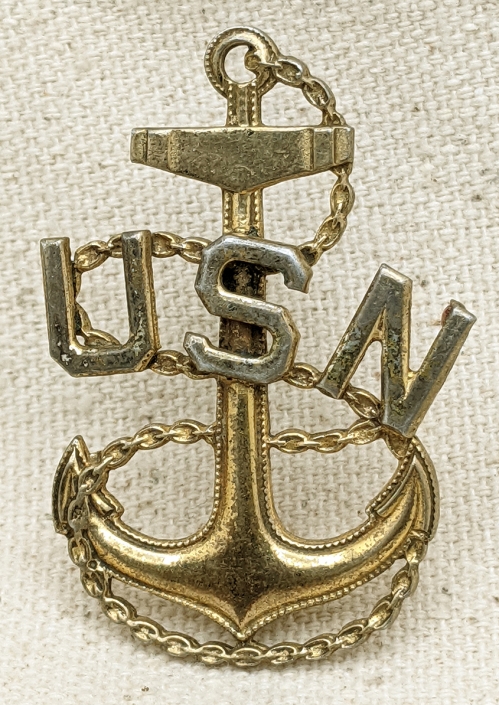 Nice Salty Early WWII USN CPO Chief Petty Officer Hat Badge in Gilt Sterling by Meyer