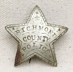 Ext Rare ca 1870 Richmond Co GA Police Force 5 pt Star Badge Worn in the Augusta Area Post Civil War