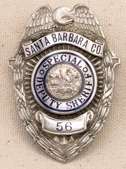 Beautiful EARLY 1930s Santa Barbara Co CA Special Deputy Sheriff Badge #56 by LA RUBBER STAMP