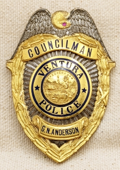 Gorgeous Early 1930s Ventura CA Police Named Councilman Badge with Ruby Eye by LARSCO