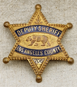 Beautiful 1920s Los Angeles Co. CA Deputy Sheriff 6 point Star Badge #706 by Entenmann