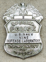 Ca Late 1950s US Navy Mine Defense Laboratory Dept of Defense Special Police Badge #2 by Russell
