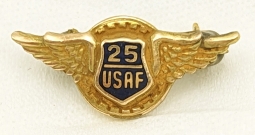 Beautiful 1950s USAF 25 Years Service Lapel Pin in Gold Fille by Miller Pin back