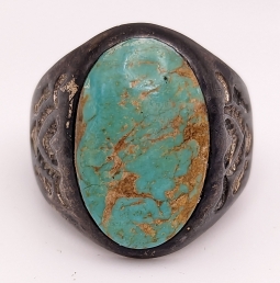 Great Old 1930s - 1940s Bell Trading Post Sterling Silver & Turquoise Men's Ring  Sz 10.5