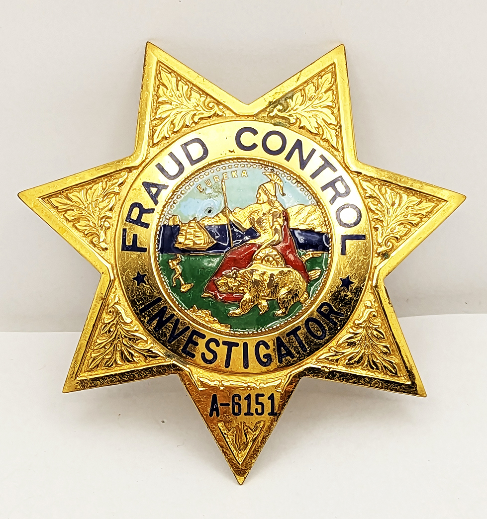 Unusual ca 1976 California Fraud Control Inspector Badge #A