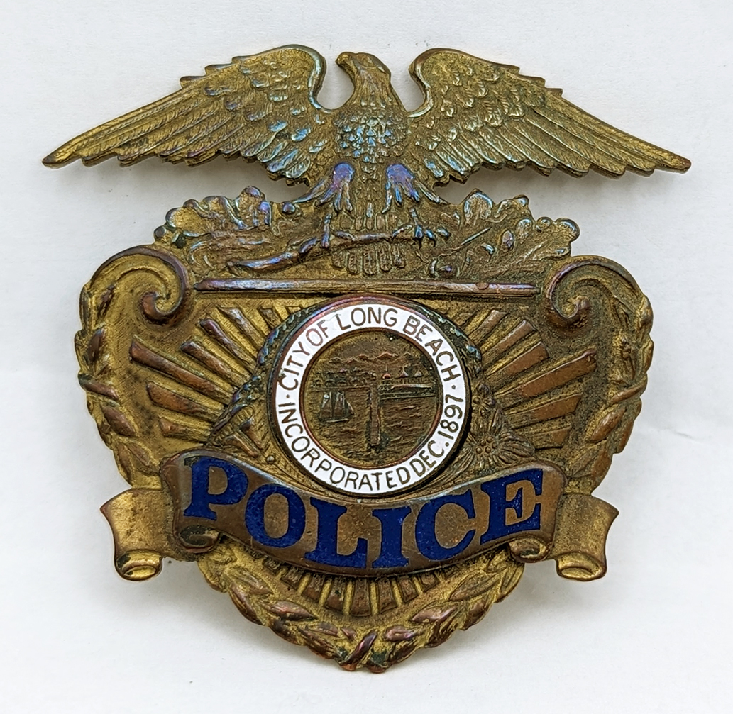 Great Old Ca 1940 Long Beach CA Police Hat Badge By LAS SCO Flying great-old-ca-1940-long-beach-ca-police-hat-badge-by-las-sco-flying