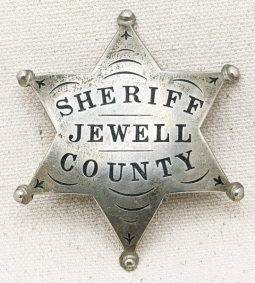 Unique 1870's Old West FULL Sheriff of Jewell County Kansas 6 Point Ball Tip Star Badge
