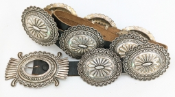 Wonderful Heavy 1970s-1990s T. Curtis Signed Navajo 9 Concho Belt w/Buckle