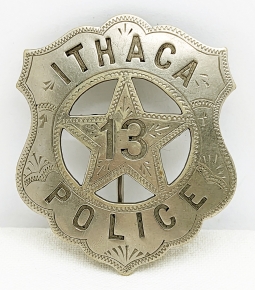WILD!! ca 1890 First Issue Ithaca NY Police Badge #13 Used in a Prohibition era Crime!!