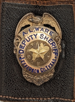 Beautiful 1940s Jefferson Co TX Deputy Sheriff Badge of A.L. Ware in Rolled Gold on Silver