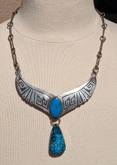 Beautiful Silver Overlay & Lone Mountain Turquoise Necklace by Navajo Artists Everett & Mary Teller
