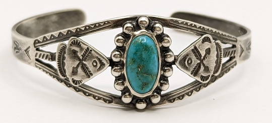 Great 1930s 40s Fred Harvey Era Navajo Sterling Turquoise Bracelet. Nice Stone Fun Stamps Flying Tiger Antiques Online Store