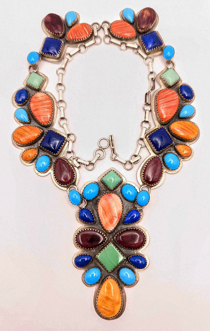 Large Vintage Navajo Silver & Multi-Stone Necklace by Roie