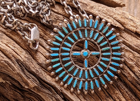 Very Fine 1970s Petit Point Zuni Brooch/Pendant on nice chain by Vivian Tsethlikai