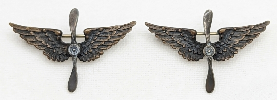 Gorgeous Pair of WWI US Air Service Officer Jacket Collar Insignia in Silver & Bronze by Shreve & Co