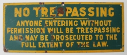 Great Old 1930's - 1940's 'No Trespassing' Sign in Yellow & Green. Possibly VT State Usage