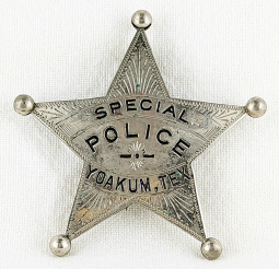 Great ca 1900 Yoakum TX Special Police Ball Tip 5 Point Star Badge