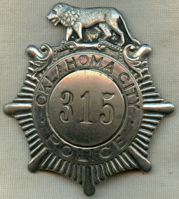 Rare & Beautiful 1910's Oklahoma City, OK Lion Top Police Badge
