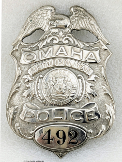 Beautiful 1900's - 1910's Omaha Nebraska Metropolitan Police Badge #492 with T Pin