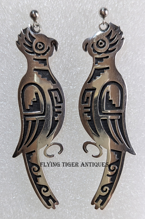 Incredible HUGE 1980s Stephen Hyson Naseyoma Quetzal Bird Earrings