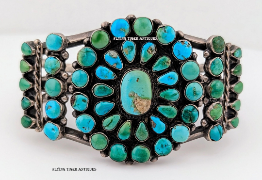 Marvelous Vintage Native American Jewelry Zuni Turquoise Sterling Silver Snake Eyes Bracelet Old