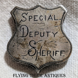 Wonderful Old West 1870s-1880s TINY Hand Engraved Silver Special Deputy Sheriff Lapel Badge w T Pin
