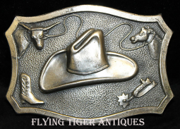 Great Vintage ca 1950 Whimsical Cowboy Buckle in Silver-Plated Copper