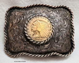 Beautiful 1990s BOHLIN Sterling Belt Buckle with 1914 $5 Gold Coin Engraved by Silver King