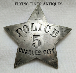 Great Early 1870s-1880s Charles City Iowa 5-pt Star Police Badge # 5