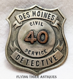 1930s Des Moines Iowa Police Civil Service Detective Badge # 40
