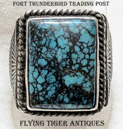 Gorgeous 1990s Navajo Silver Retro Mens Ring with Great Cloud Mountain Turquoise by Eugene Hale 10.5
