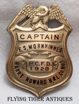 Beautiful 1928 Port Chester NY Fire Dept Badge of the Captain of the Harry Howard Hook & Ladder Co