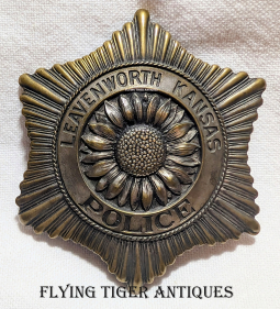 Beautiful 1920s-1930s Leavenworth Kansas Police Badge 6-point Starburst with Sunflower Seal