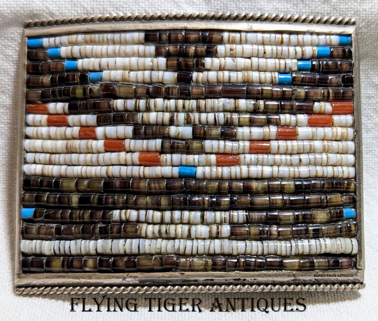 Great 70-80s Navajo Silver Belt Buckle with Coral Shell Heishi & Morenci Turquoise Beads by Lee Chee