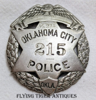 Rare 1920s Oklahoma City Police Badge # 215 in Nickel Plated Nickel