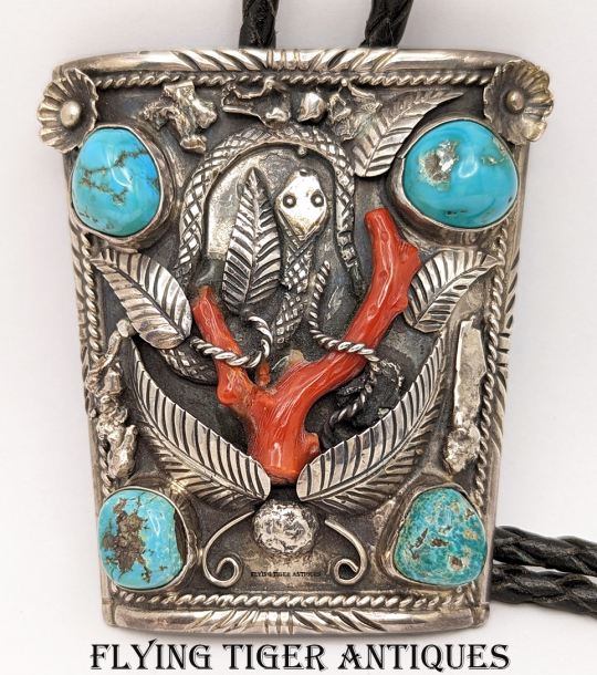 Massive Owl Vintage Native American Navajo Turquoise Coral Sterling Silver Bolo Tie Old Massive Owl Vintage Native American Navajo Turquoise Coral Sterling Silver Bolo Tie Old