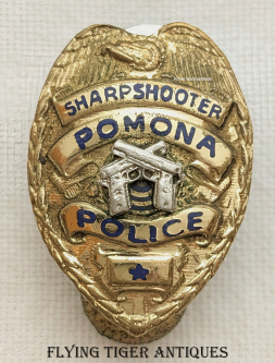 Rara 1960s Pomona CA Police Pistol Sharpshooter Lapel Badge # 17 by SUN