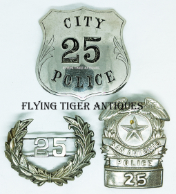 Rare 1890s -1900s San Antonio Texas City Police Badge #25 with Matching Bobby & 1910s Hat Badge
